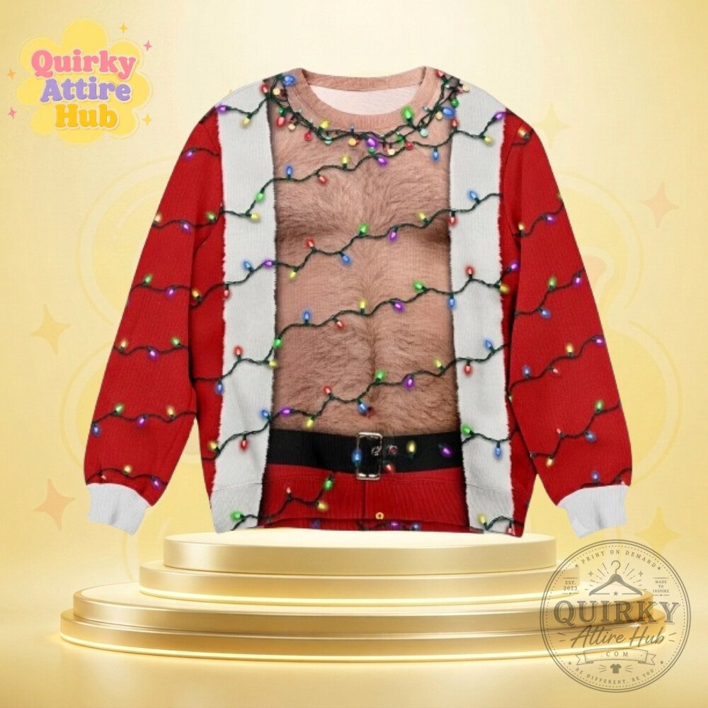 Funny Hairy Chest Santa Sweater Light Up Ugly Christmas Party