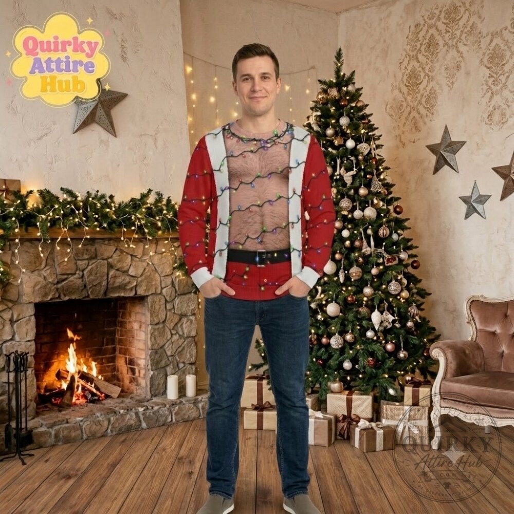 Funny Hairy Chest Santa Sweater Light Up Ugly Christmas Party Funny Hairy Chest Santa Light-Up Ugly Christmas Sweatshirt – image 2 of 11