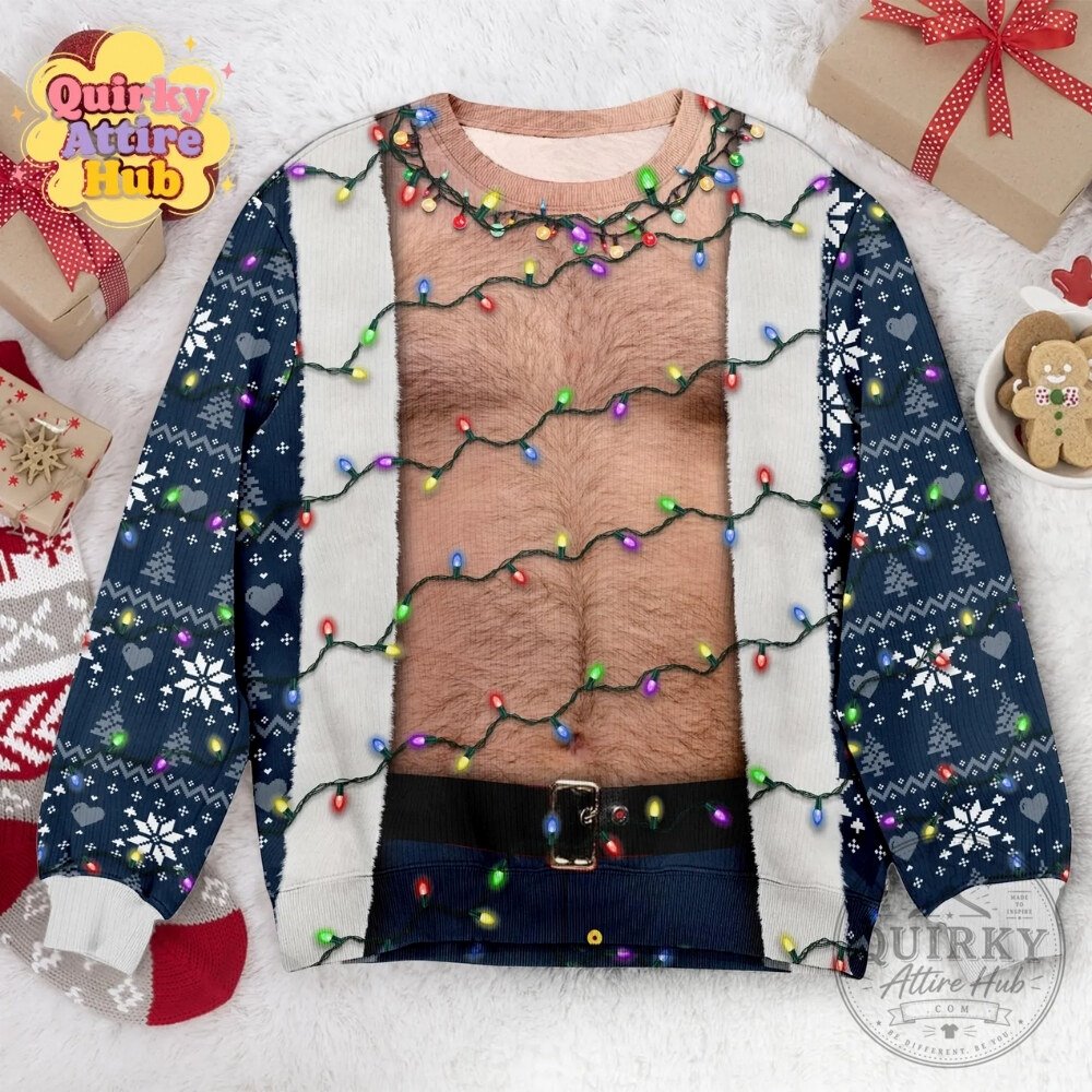 Funny Hairy Chest Santa Sweater Light Up Ugly Christmas Party Funny Hairy Chest Santa Light-Up Ugly Christmas Sweatshirt – image 6 of 11