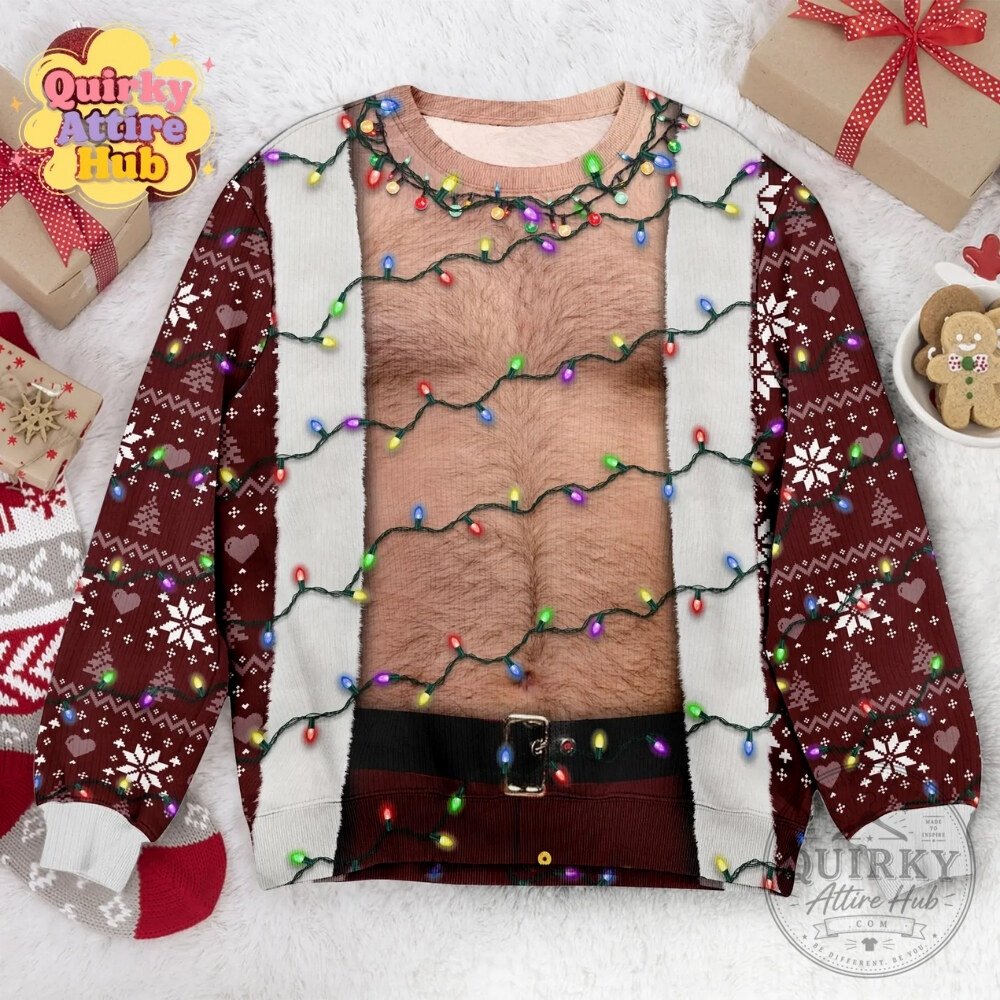 Funny Hairy Chest Santa Sweater Light Up Ugly Christmas Party Funny Hairy Chest Santa Light-Up Ugly Christmas Sweatshirt – image 4 of 11