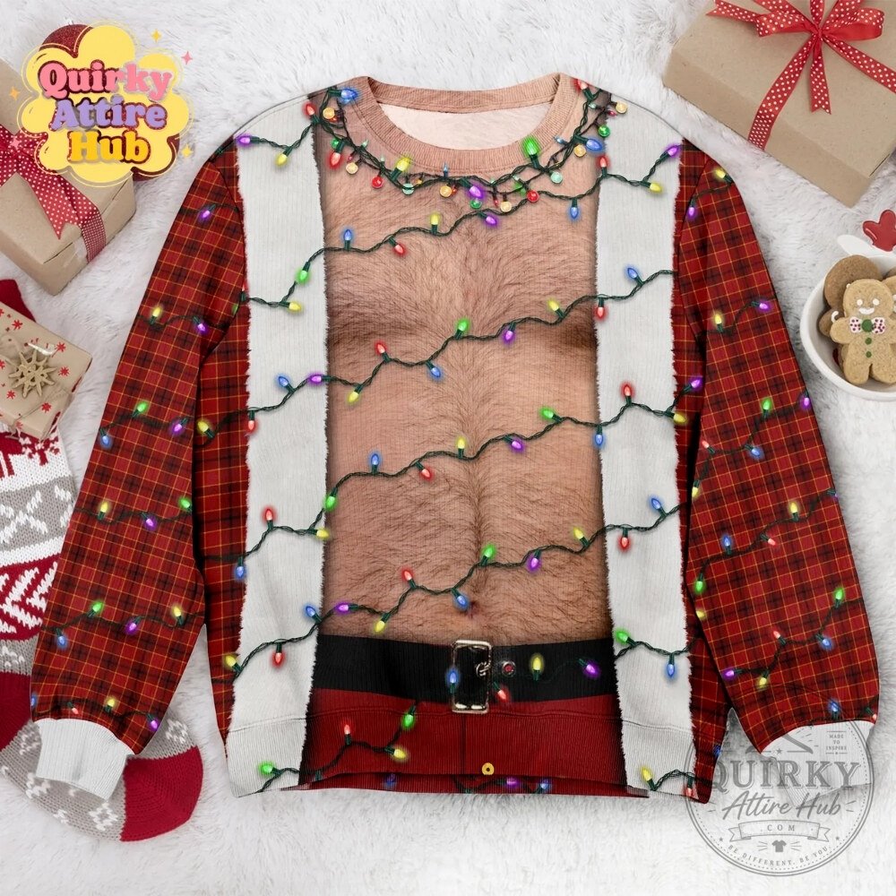 Funny Hairy Chest Santa Sweater Light Up Ugly Christmas Party Funny Hairy Chest Santa Light-Up Ugly Christmas Sweatshirt – image 5 of 11