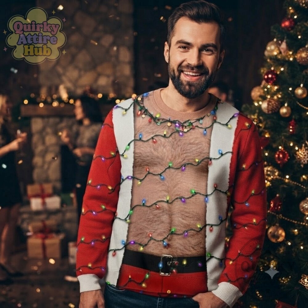 Funny Hairy Chest Santa Sweater Light Up Ugly Christmas Party Funny Hairy Chest Santa Light-Up Ugly Christmas Sweatshirt – image 11 of 11
