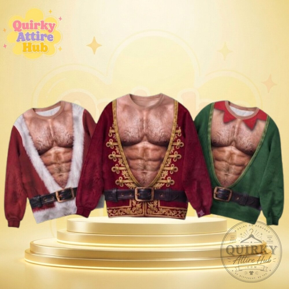 3D Fake Abs Hairy Santa Sweatshirt Funny Ugly Christmas Sweater