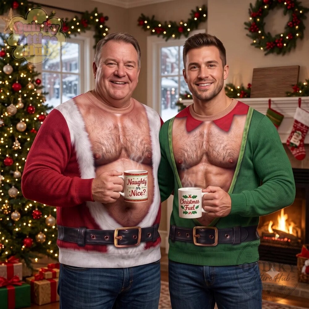 3D Fake Abs Hairy Santa Sweatshirt Funny Ugly Christmas Sweater Funny 3D Fake Abs Hairy Santa Ugly Christmas Sweatshirt – image 2 of 4
