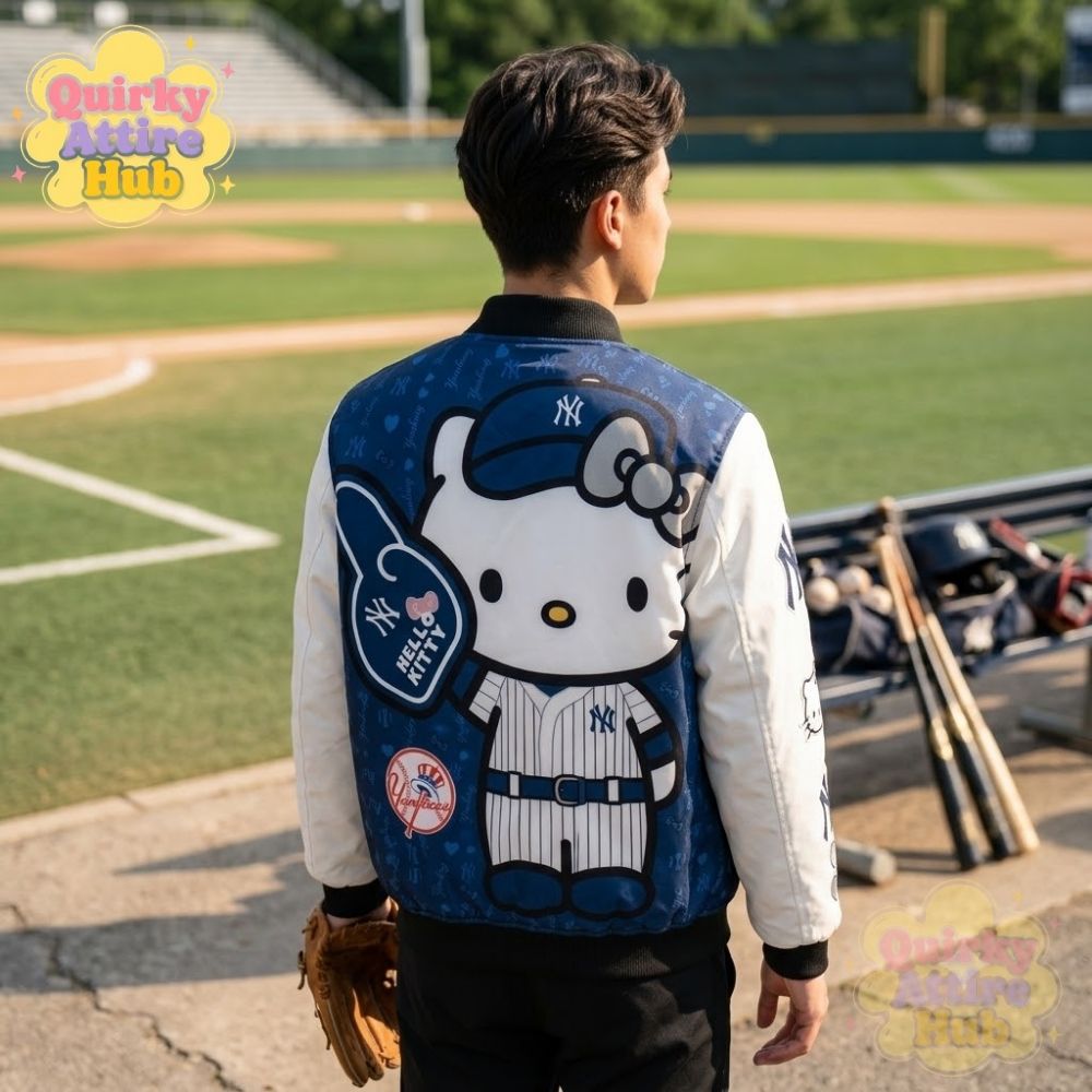 New York Yankees Hello Kitty Bomber Jacket Full-Zip Baseball Jacket (1) Yankees x Hello Kitty Bomber Jacket – Full-Zip New York Stadium Style — image 2