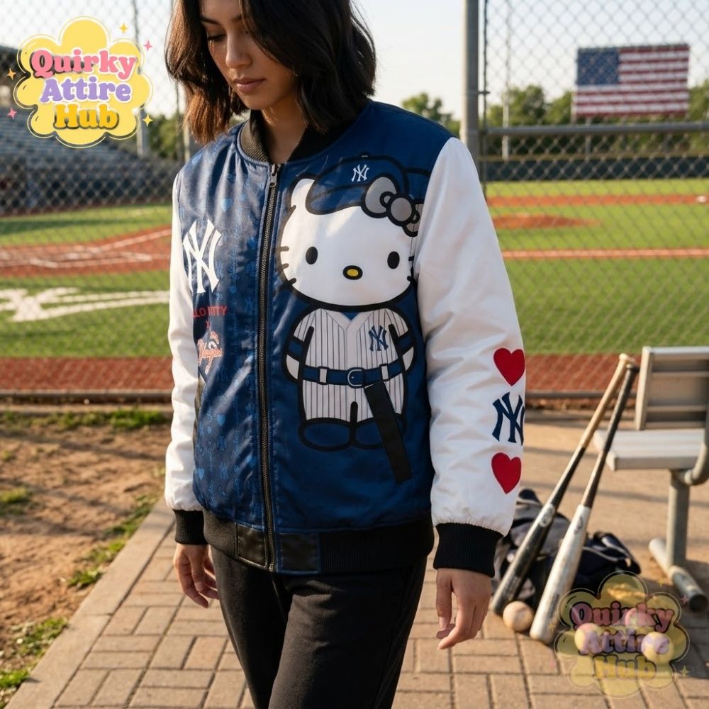 New York Yankees Hello Kitty Bomber Jacket Full-Zip Baseball Jacket (4) Yankees x Hello Kitty Bomber Jacket – Full-Zip New York Stadium Style — image 4