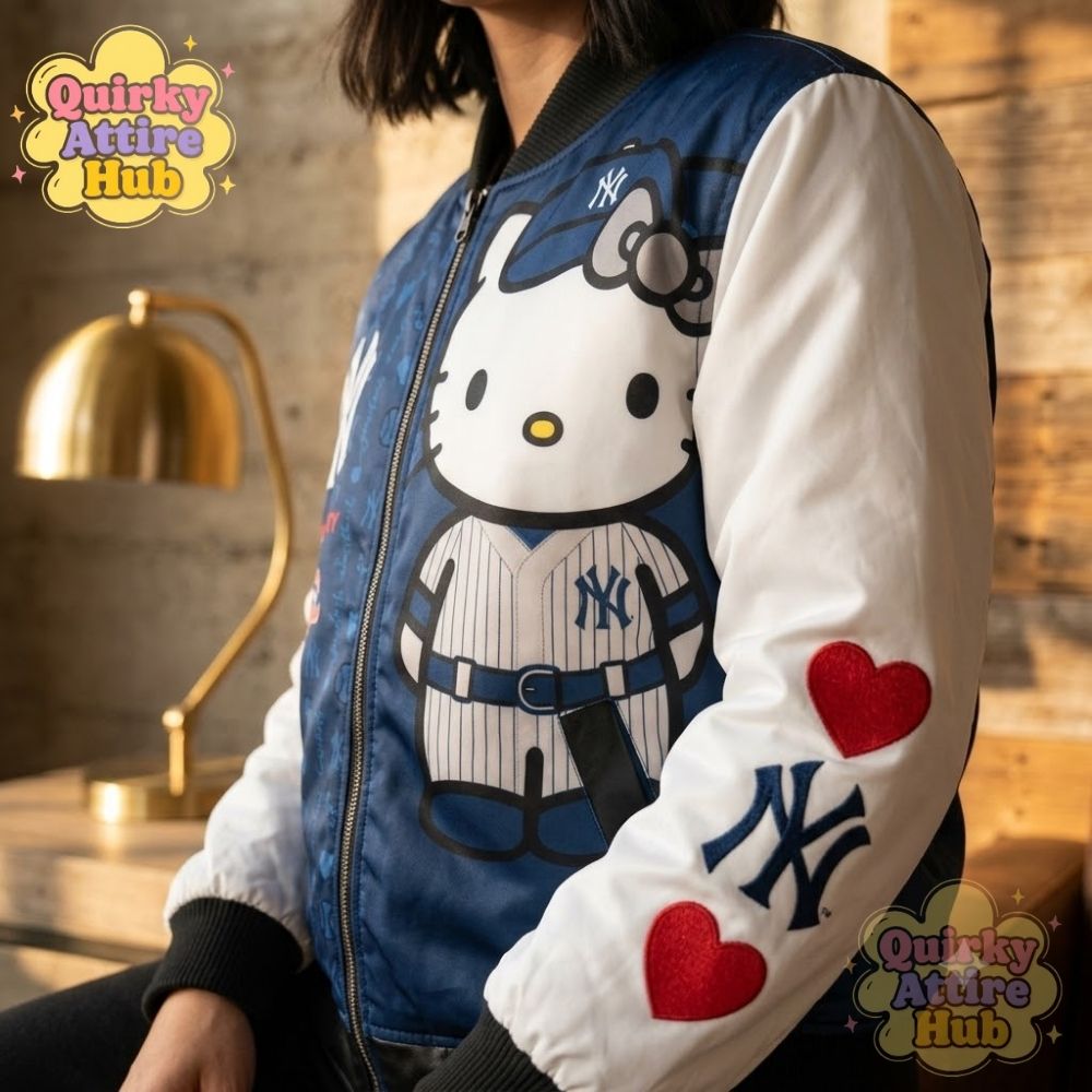 New York Yankees Hello Kitty Bomber Jacket Full-Zip Baseball Jacket (5) Yankees x Hello Kitty Bomber Jacket – Full-Zip New York Stadium Style — image 5