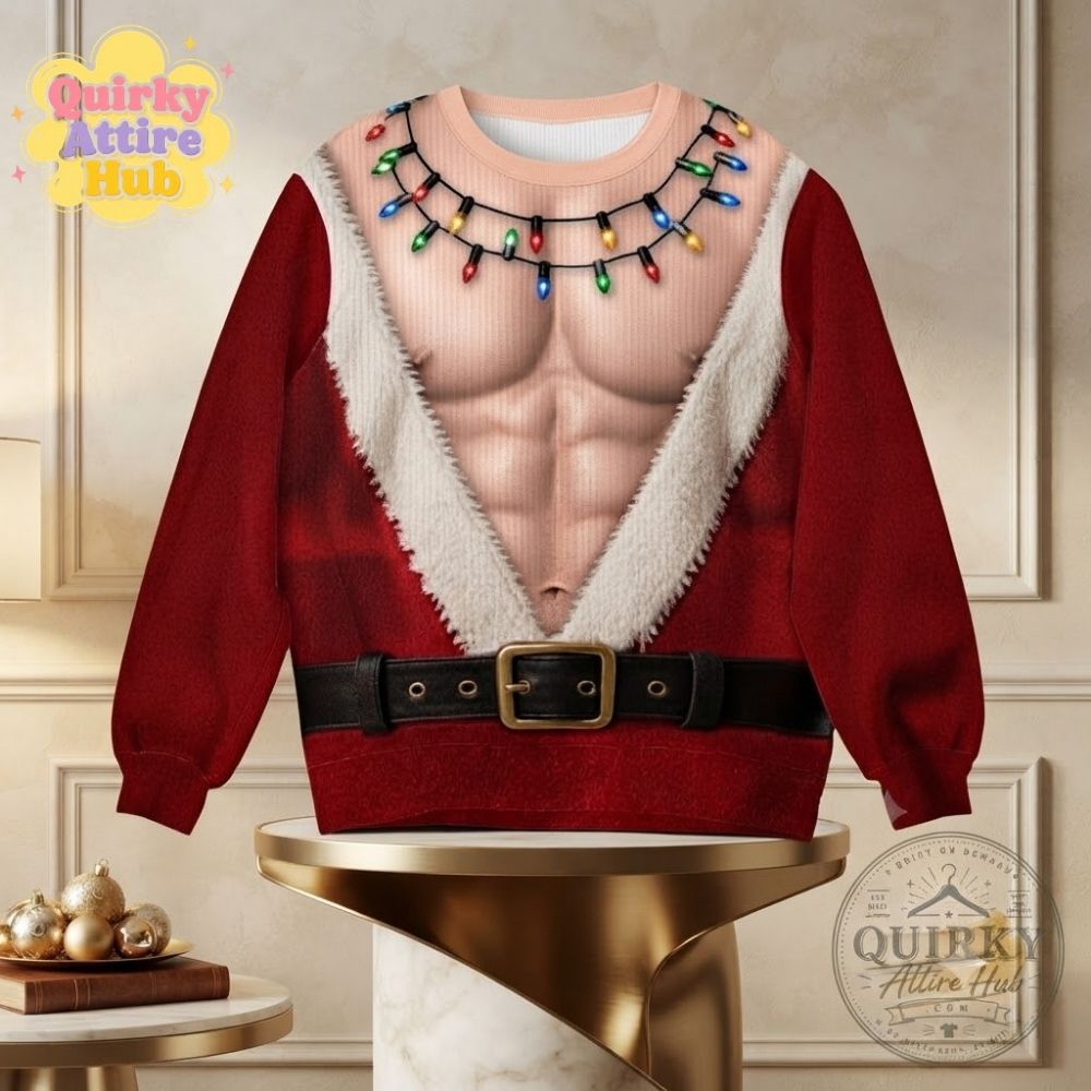 Funny Santa Abs Ugly Sweatshirt Hairy Chest 3D Print Holiday (1) Funny Hairy Chest Santa Abs 3D Print Ugly Holiday Sweatshirt — image 2