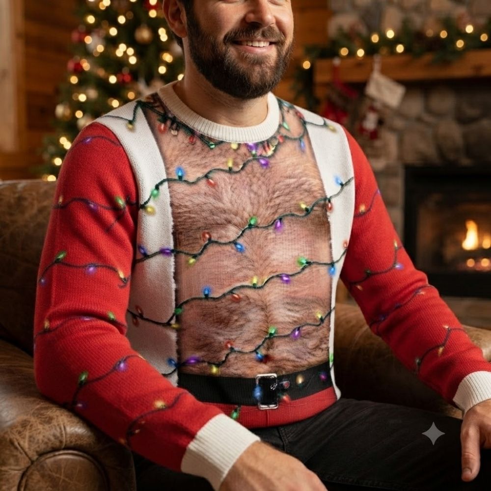 Funny Hairy Chest Santa Sweatshirt Light Up Ugly Christmas Party (1) Funny Hairy Chest Santa Light-Up Ugly Christmas Sweatshirt – image 3 of 11