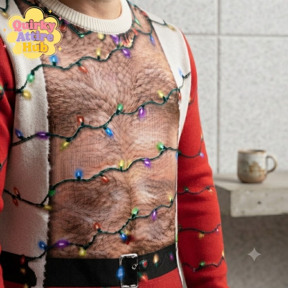 Funny Hairy Chest Santa Sweatshirt Light Up Ugly Christmas Party (2) Funny Hairy Chest Santa Light-Up Ugly Christmas Sweatshirt — image 3