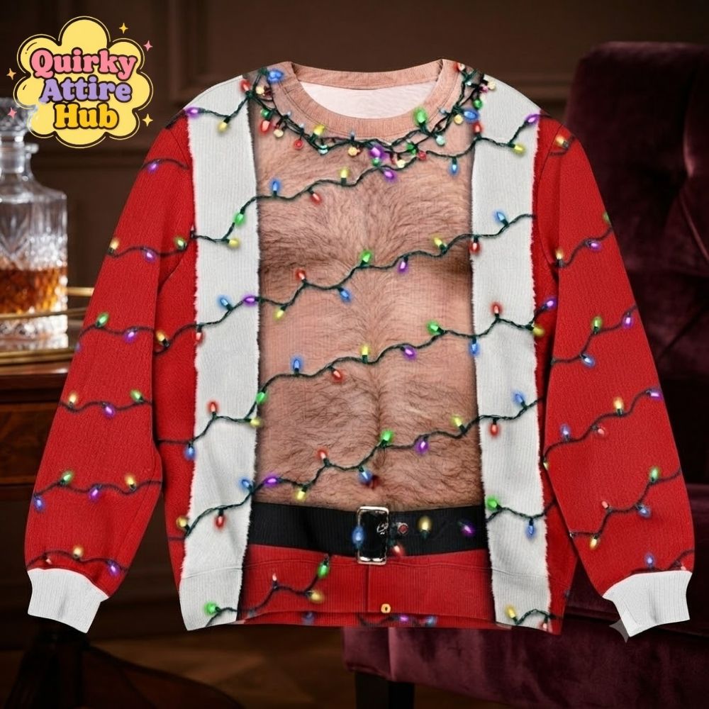 Funny Hairy Chest Santa Sweatshirt Light Up Ugly Christmas Party (3) Funny Hairy Chest Santa Light-Up Ugly Christmas Sweatshirt — image 2