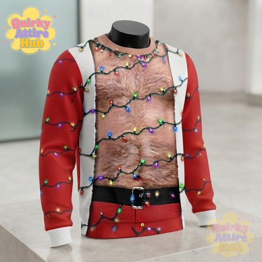 Funny Hairy Chest Santa Sweatshirt Light Up Ugly Christmas Party (4) Funny Hairy Chest Santa Light-Up Ugly Christmas Sweatshirt — image 4