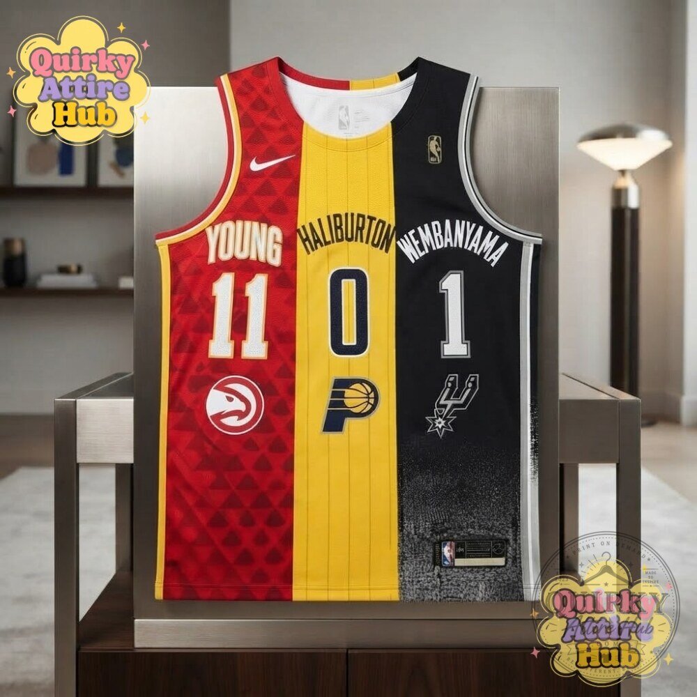 NBA 3-Way Split Mashup Jersey Trae Young Tyrese Haliburton & Victor Wembanyama 12 NBA 3-Way Split Mashup Jersey Trae Young Tyrese Haliburton & Victor Wembanyama