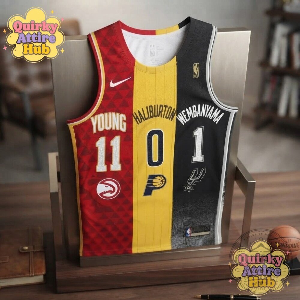 NBA 3-Way Split Mashup Jersey Trae Young Tyrese Haliburton & Victor Wembanyama 14 NBA 3-Way Split Mashup Jersey Trae Young Tyrese Haliburton & Victor Wembanyama