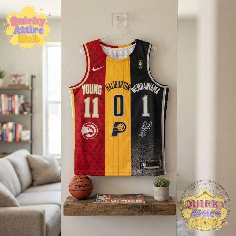 NBA 3-Way Split Mashup Jersey Trae Young Tyrese Haliburton & Victor Wembanyama 16 NBA 3-Way Split Mashup Jersey Trae Young Tyrese Haliburton & Victor Wembanyama