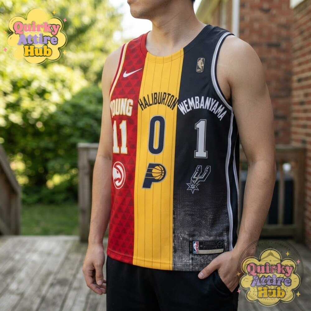 NBA 3-Way Split Mashup Jersey Trae Young Tyrese Haliburton & Victor Wembanyama 17 NBA 3-Way Split Mashup Jersey Trae Young Tyrese Haliburton & Victor Wembanyama