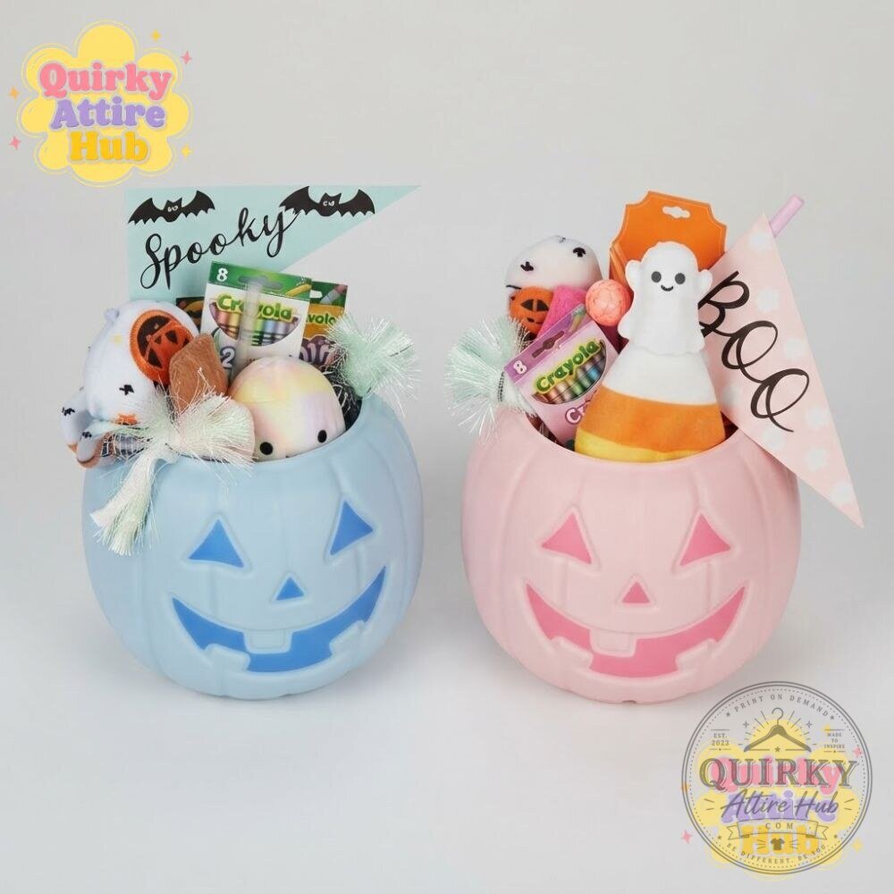 Pink & Blue Halloween Boo Basket Pumpkin Candy Bowl 27 Pink & Blue Halloween Boo Basket Pumpkin Candy Bowl