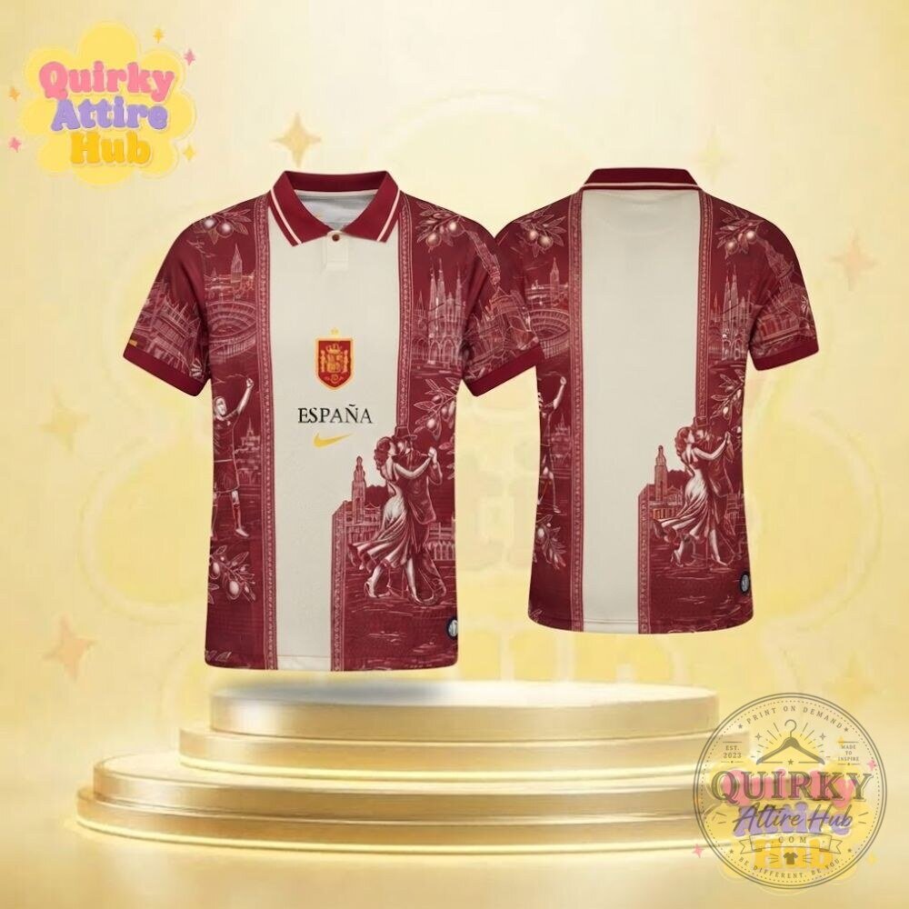 Spain Espana Soccer Polo Shirt Maroon Vintage Flamenco & Barcelona Print