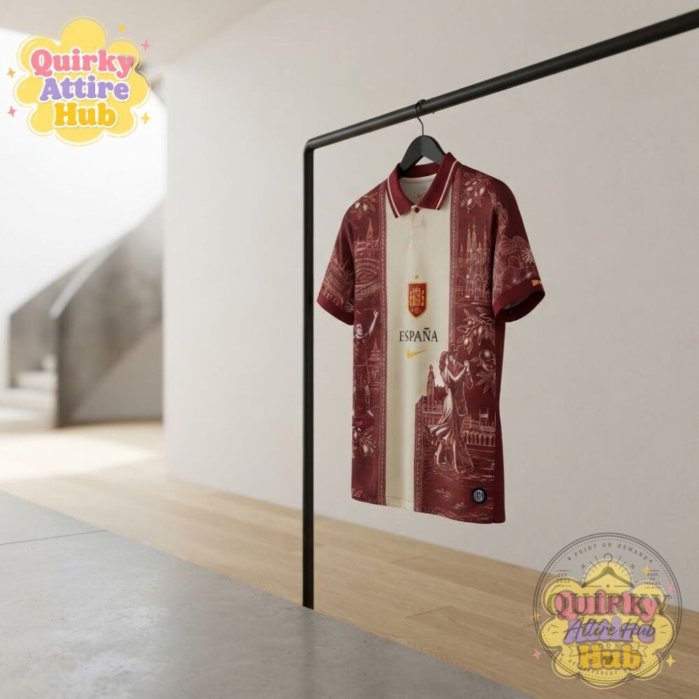 Spain Espana Soccer Polo Shirt Maroon Vintage Flamenco & Barcelona Print 14 Spain Espana Soccer Polo Shirt Maroon Vintage Flamenco & Barcelona Print