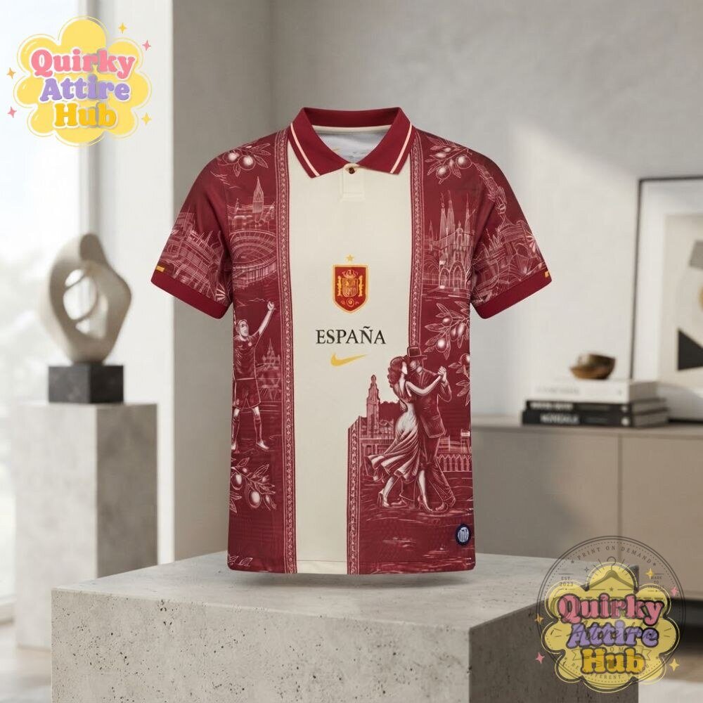 Spain Espana Soccer Polo Shirt Maroon Vintage Flamenco & Barcelona Print 16 Spain Espana Soccer Polo Shirt Maroon Vintage Flamenco & Barcelona Print