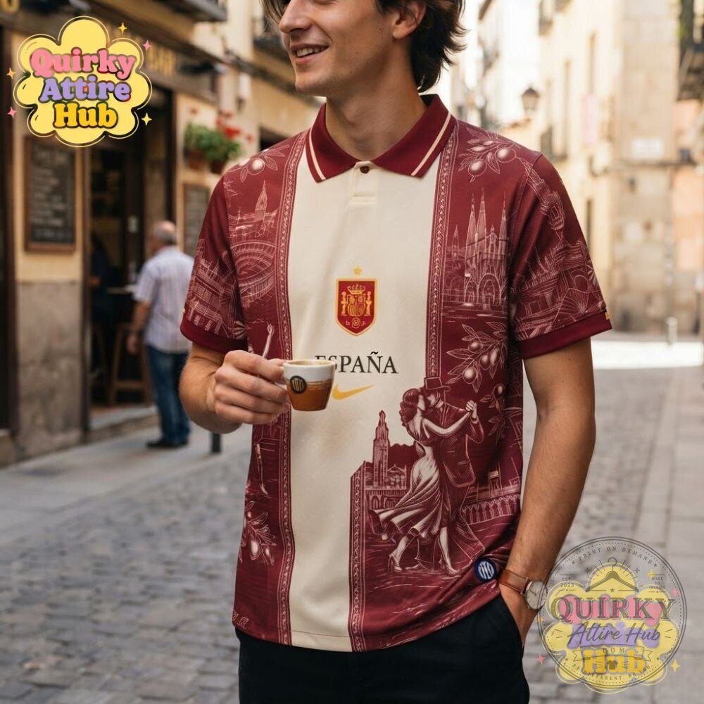 Spain Espana Soccer Polo Shirt Maroon Vintage Flamenco & Barcelona Print 18 Spain Espana Soccer Polo Shirt Maroon Vintage Flamenco & Barcelona Print