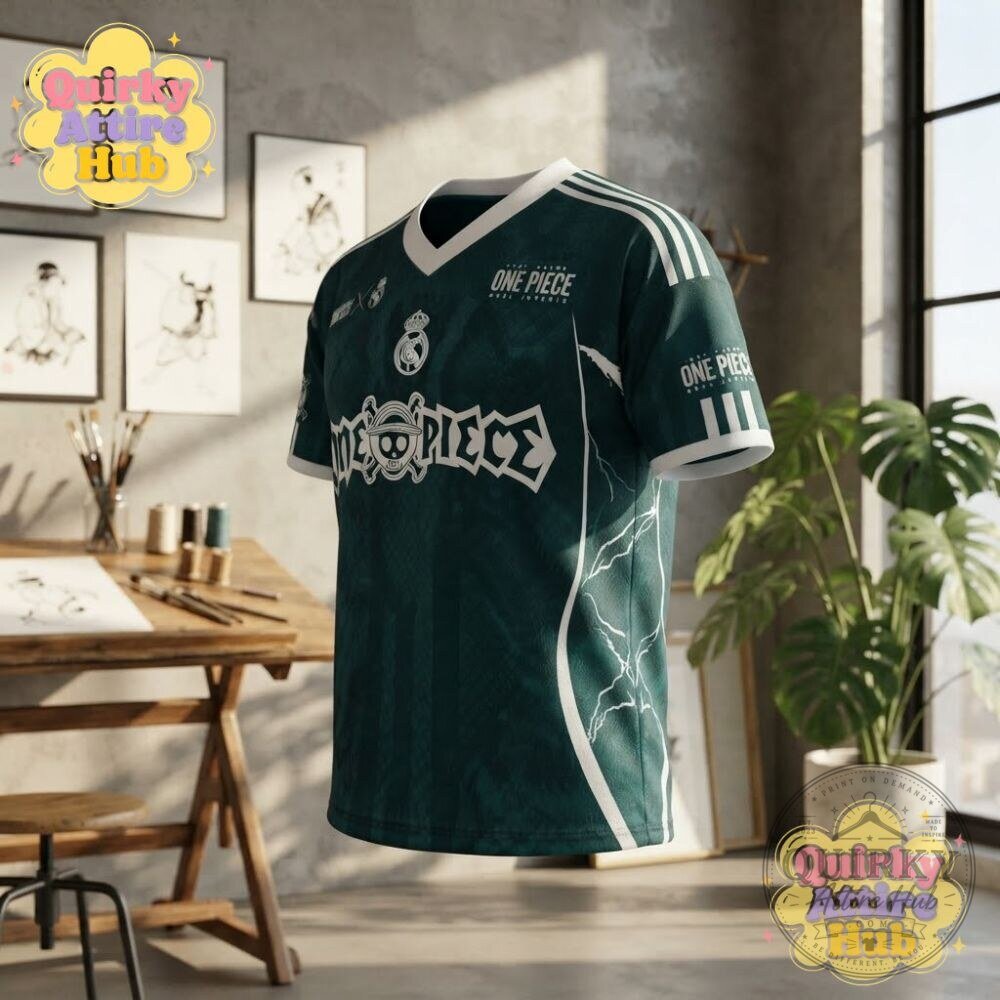 Real Madrid x One Piece Luffy Skull Green Soccer Jersey 18 Real Madrid x One Piece Luffy Skull Green Soccer Jersey