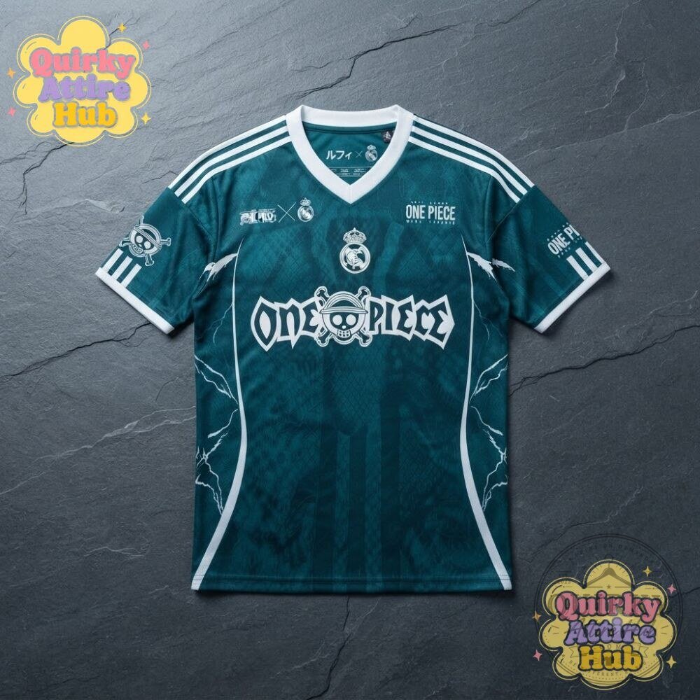 Real Madrid x One Piece Luffy Skull Green Soccer Jersey 19 Real Madrid x One Piece Luffy Skull Green Soccer Jersey