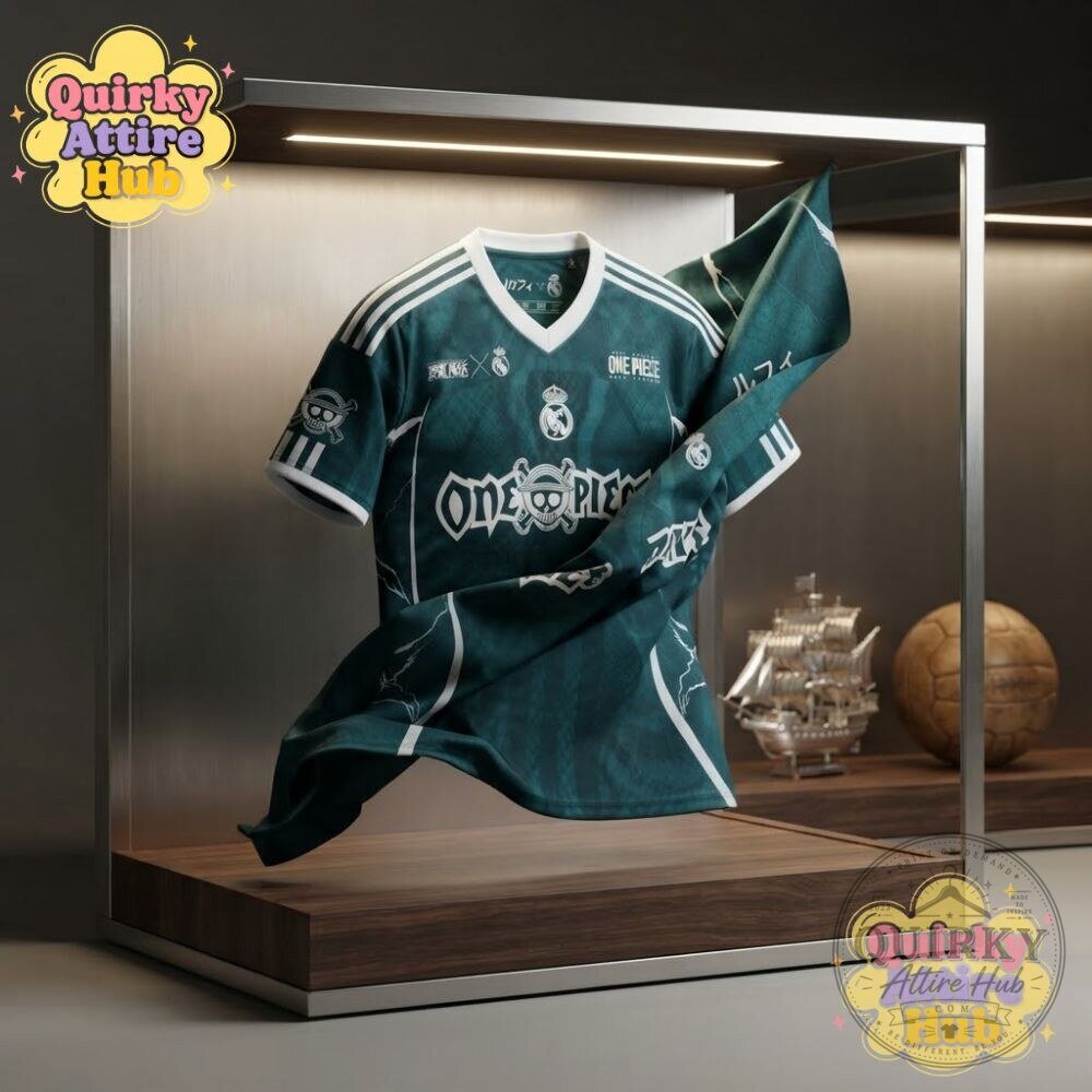 Real Madrid x One Piece Luffy Skull Green Soccer Jersey 22 Real Madrid x One Piece Luffy Skull Green Soccer Jersey
