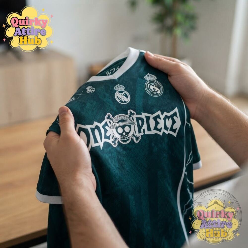 Real Madrid x One Piece Luffy Skull Green Soccer Jersey 24 Real Madrid x One Piece Luffy Skull Green Soccer Jersey