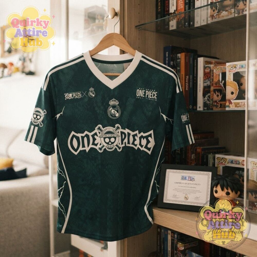 Real Madrid x One Piece Luffy Skull Green Soccer Jersey 29 Real Madrid x One Piece Luffy Skull Green Soccer Jersey