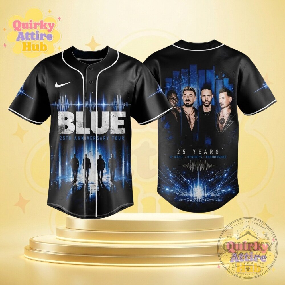 Blue 25th Anniversary Tour Black Baseball Jersey Front Graphic & Band Member Portraits