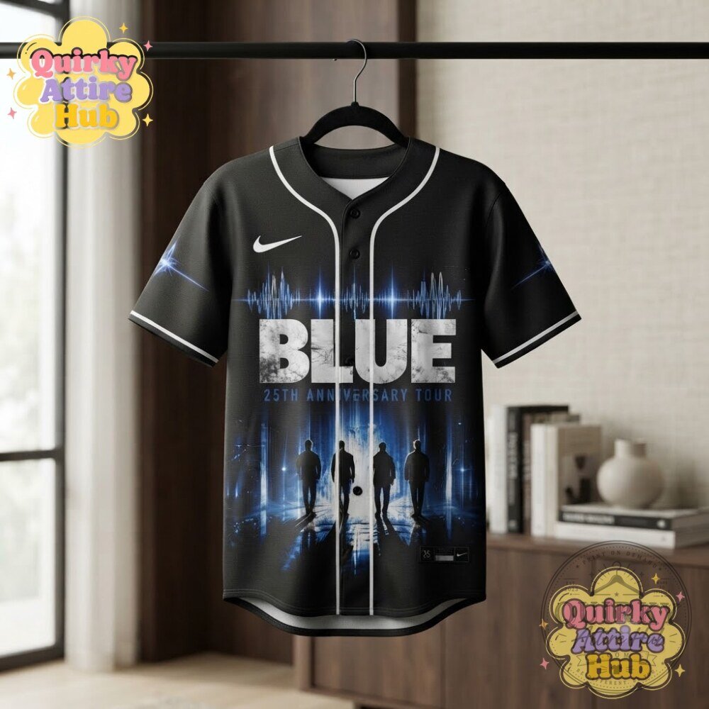 Blue 25th Anniversary Tour Black Baseball Jersey Front Graphic & Band Member Portraits 16 Blue 25th Anniversary Tour Black Baseball Jersey Front Graphic & Band Member Portraits