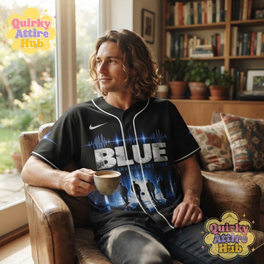 Blue 25th Anniversary Tour Black Baseball Jersey Front Graphic & Band Member Portraits 17 Blue 25th Anniversary Tour Black Baseball Jersey Front Graphic & Band Member Portraits