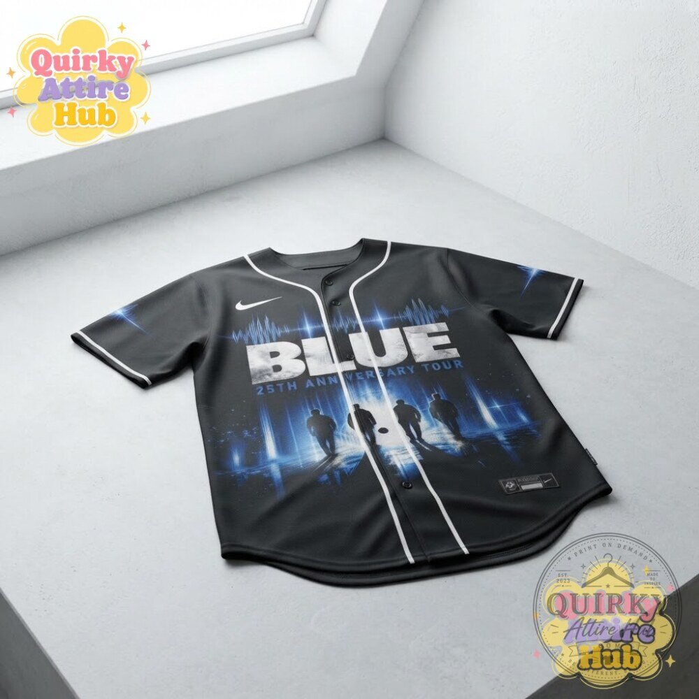 Blue 25th Anniversary Tour Black Baseball Jersey Front Graphic & Band Member Portraits 18 Blue 25th Anniversary Tour Black Baseball Jersey Front Graphic & Band Member Portraits