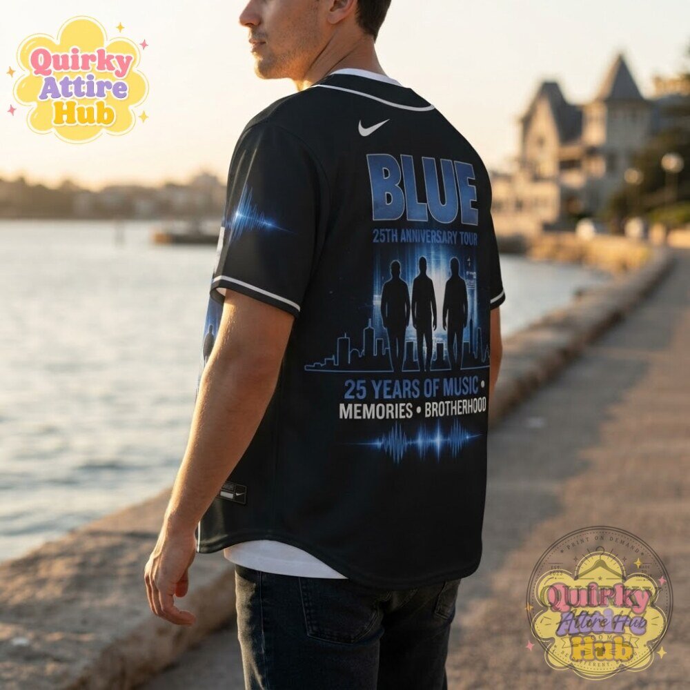 Blue 25th Anniversary Tour Black Baseball Jersey Front Graphic & Band Member Portraits 19 Blue 25th Anniversary Tour Black Baseball Jersey Front Graphic & Band Member Portraits