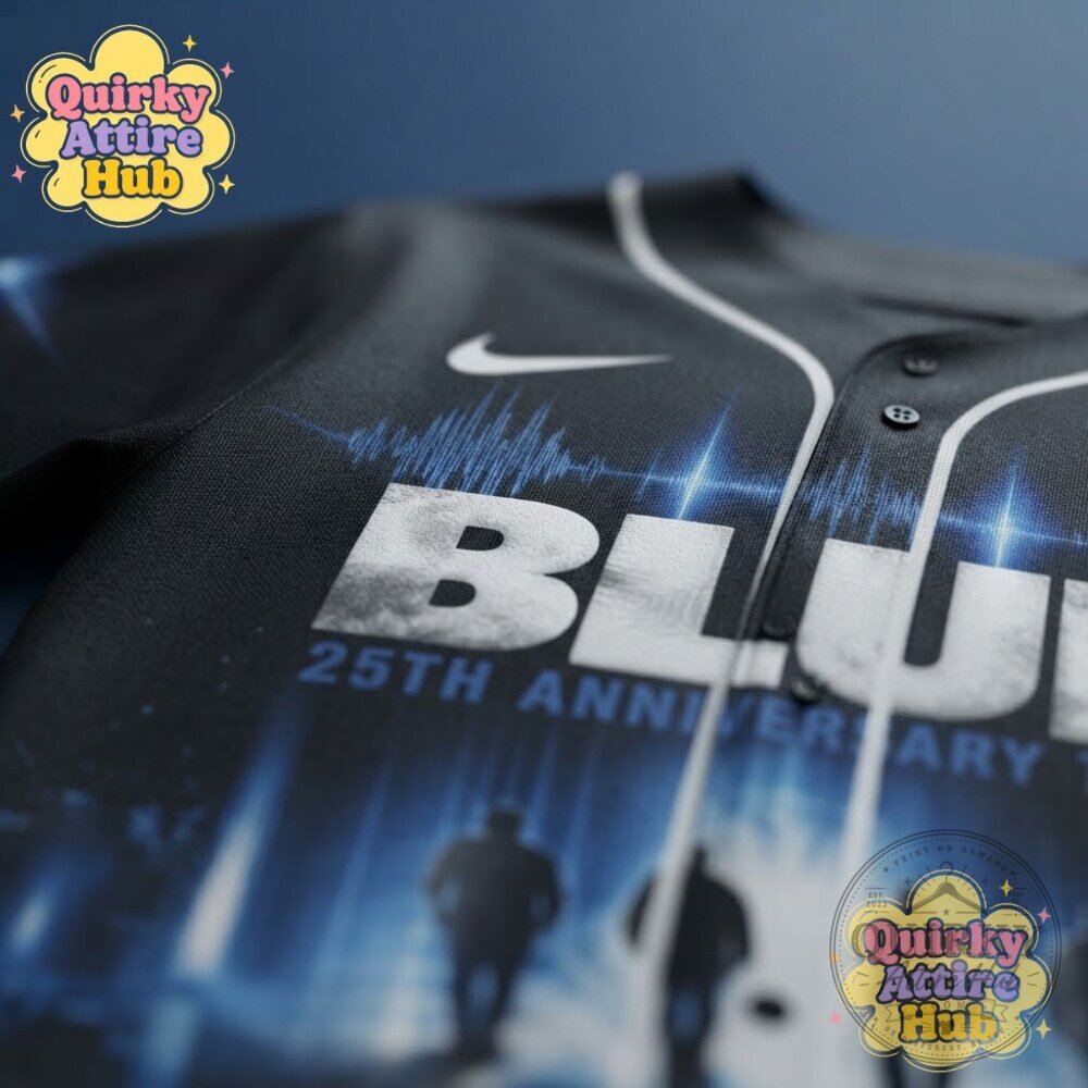 Blue 25th Anniversary Tour Black Baseball Jersey Front Graphic & Band Member Portraits 20 Blue 25th Anniversary Tour Black Baseball Jersey Front Graphic & Band Member Portraits