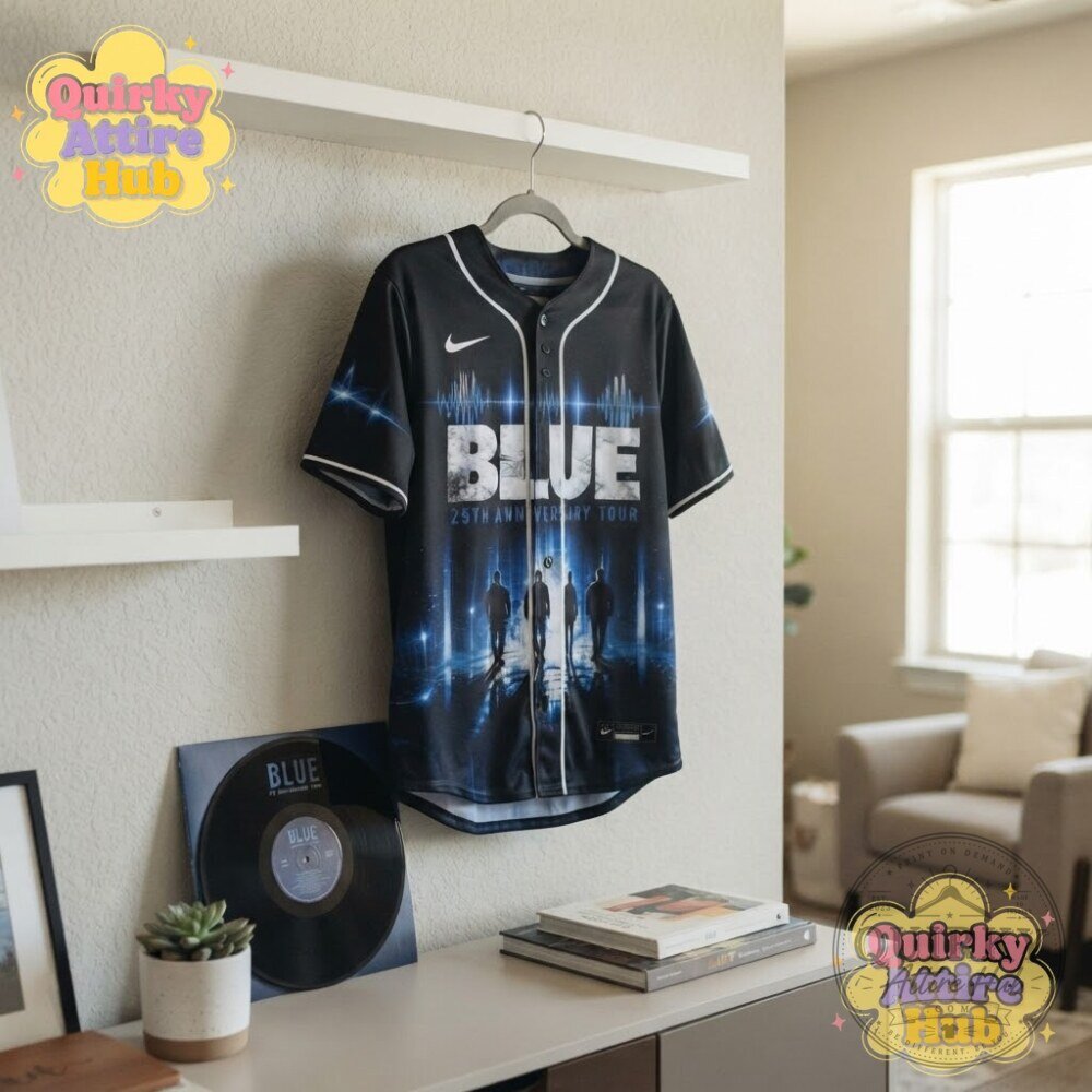 Blue 25th Anniversary Tour Black Baseball Jersey Front Graphic & Band Member Portraits 23 Blue 25th Anniversary Tour Black Baseball Jersey Front Graphic & Band Member Portraits